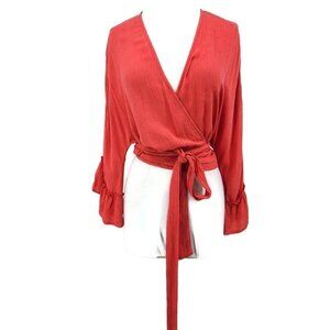 New Flynn Skye Wrap Top Womens Small Coral Salmon Blouse Long Bell Sleeve